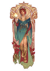 1girl absurdres amaryllis_(flower) art_nouveau artist_name blue_dress breasts character_name circlet cleavage dress flower flower_request full_body hannahartwork head_wreath highres magic medium_breasts red_flower red_hair solo standing the_witcher_(series) toeless_footwear triss_merigold white_background