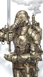 absurdres arrow_(projectile) bow_(weapon) commentary crossbow english_commentary highres holding holding_sword holding_weapon humanoid_robot knight nameno92372763 original robot science_fiction solo standing steam steampunk sword weapon white_background