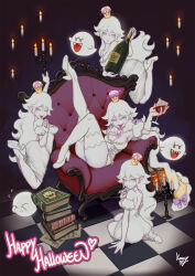 4girls alcohol armchair ass boo_(mario) book bottle breasts candle chair cleavage colored_skin cup dress drinking_glass earrings floating happy_halloween highres jewelry kumanz large_breasts leg_up long_hair looking_at_viewer luigi&#039;s_mansion lying mario_(series) multiple_girls new_super_mario_bros._u_deluxe nintendo peachyboo pink_eyes princess_king_boo purple_eyes sitting super_crown thighhighs thighs white_dress white_hair white_skin white_thighhighs wine wine_bottle wine_glass