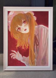 1girl blonde_hair blue_nails bright_pupils fang fingernails flandre_scarlet hat highres long_fingernails long_hair looking_at_viewer mob_cap nail_polish oil_painting_(medium) open_mouth painting_(medium) portrait_(object) red_eyes slit_pupils solo svveetberry touhou traditional_media white_pupils