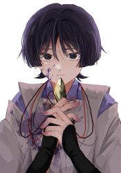 1boy @_@ absurdres armor blood blood_on_clothes blood_on_face blunt_ends ce5_ez closed_mouth clutching_chest crazy_eyes crying crying_with_eyes_open eyeliner eyeshadow feathers genshin_impact hands_on_own_chest highres japanese_armor japanese_clothes kariginu kimono kote kurokote layered_sleeves looking_at_viewer makeup male_focus pink_nails purple_blood purple_hair purple_kimono purple_sleeves red_eyeliner red_eyeshadow scaramouche_(genshin_impact) scaramouche_(kabukimono)_(genshin_impact) solo straight-on string tears upper_body white_background white_sleeves wispy_bangs yellow_feathers