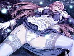 1girl apron blue_dress breasts closed_eyes clothes_lift dress dress_lift dutch_angle female_focus frills game_cg garter_belt garter_straps gloves glowing lace lace-trimmed_legwear lace_trim long_hair lycoris_radiata lying maid maid_apron maid_headdress on_back open_mouth panties red_hair rock sleeping solo spread_legs thighhighs tsuzuri_(lycoris_radiata) unconscious underwear very_long_hair white_gloves white_panties white_thighhighs yokota_mamoru