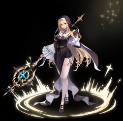 1girl absurdres black_dress black_footwear blonde_hair blue_eyes book breasts cleavage closed_mouth commentary_request dress full_body geulemaen hair_between_eyes headpiece high_heels highres holding holding_book holding_staff korean_commentary large_breasts long_hair long_sleeves looking_at_viewer mage_staff magic nun original sidelocks smile solo sparkle staff thighhighs white_thighhighs