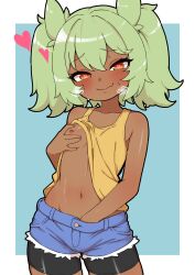 1girl blush breasts dark-skinned_female dark_skin denim fang female_focus grabbing_own_breast green_hair hands_in_pants heart heart-shaped_pupils highres humotaru leggings loli orange_eyes original shorts skin_fang small_breasts solo sweat symbol-shaped_pupils tank_top