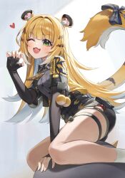 1girl :3 :d absurdres animal_ears black_gloves black_shirt black_shorts blonde_hair blush fang fingerless_gloves gloves green_eyes highres jacket ju_fufu long_hair looking_at_viewer multicolored_hair one_eye_closed open_mouth shirt shorts skin_fang smile solo tail thigh_strap tiger_ears tiger_girl tiger_tail two-tone_hair um_111 white_hair yellow_jacket zenless_zone_zero