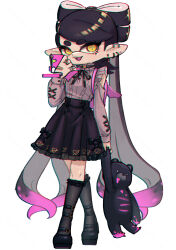 1girl :3 ankle_belt bandaid bandaid_on_hand black_bow black_choker black_hair black_ribbon black_sash black_shoes black_skirt black_socks bow bow-shaped_hair callie_(splatoon) cellphone choker chromatic_aberration clothing_cutout collar collared_shirt commentary_request coula_cat cross-laced_clothes cross-laced_sleeves cross-shaped_pupils crossed_legs dot_nose earrings fangs fingernails frilled_collar frilled_skirt frilled_socks frills full_body gothic_lolita grey_shirt grimace heart highres holding holding_phone holding_stuffed_toy ink inkling jewelry kneehighs lace lace-trimmed_skirt lace_trim large_teddy_bear lolita_fashion long_fingernails long_hair mary_janes medium_skirt mole mole_under_eye multicolored_hair multiple_earrings neck_ribbon nintendo off-shoulder_shirt off_shoulder open_mouth phone pink_hair pink_nails pleated_skirt pointy_ears ribbon sash shirt shoes shoulder_cutout simple_background skirt smartphone socks solo splat_roller_(splatoon) splatoon_(series) stuffed_animal stuffed_toy swept_bangs symbol-shaped_pupils teddy_bear tentacle_hair tentacles thick_eyebrows thick_eyelashes two-tone_hair very_long_hair waist_sash white_background yellow_eyes