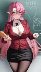 1girl absurdres azur_lane black_bra black_pantyhose black_ribbon black_skirt blue_eyes blush book bra breasts chalk chalkboard commentary commission cowboy_shot duke_of_york_(azur_lane) duke_of_york_(the_chic_counselor)_(azur_lane) eyewear_strap glasses highres holding holding_book holding_chalk jacket large_breasts long_hair long_sleeves looking_at_viewer neck_ribbon official_alternate_costume pantyhose pencil_skirt pink_hair pixiv_commission pointy_ears red_jacket ribbon skirt smile solo underwear wynnblue