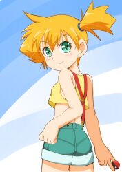 1girl ass asymmetrical_hair bare_arms bare_shoulders blush breasts closed_mouth creatures_(company) crop_top denim denim_shorts female_focus from_behind game_freak gen_1_pokemon green_eyes gym_leader hair_tie highres holding holding_poke_ball legs looking_at_viewer looking_back midriff misty_(pokemon) nintendo orange_hair poke_ball poke_ball_(basic) pokemon pokemon_(anime) pokemon_(classic_anime) pokemon_rgby ponytail shirt short_hair short_shorts shorts side_ponytail sleeveless small_breasts smile solo standing suspender_shorts suspenders tank_top thighs yellow_shirt yoshimi_mizunoe