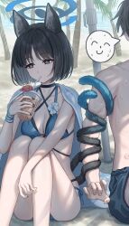 1boy 1girl absurdres animal_ears bakeneko beach bikini black_eyes black_hair black_tail blue_archive blue_bikini blue_halo blue_tail breasts cat_ears cat_girl cat_tail criss-cross_straps cup day disposable_cup doodle_sensei_(blue_archive) drinking_straw drinking_straw_in_mouth gradient_tail halo highres holding holding_cup kikyou_(blue_archive) kikyou_(swimsuit)_(blue_archive) layered_bikini medium_breasts multi-strapped_bikini_bottom multiple_tails ocean official_alternate_costume outdoors palm_tree prehensile_tail sensei_(blue_archive) short_hair side-tie_bikini_bottom simoumi_217 sitting solo_focus sweat swimsuit tail tail_around_arm tail_wrap tree two_tails