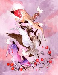 Rule 34 | abstract background, analogous colors, angel wings, animal, animal focus, body horror, bowing, brown fur, closed eyes, colored eyelashes, commentary, crying, crying with eyes open, deer, english commentary, extra mouth, fangs, fawn, feathered wings, feathers, fleebites, floating, flower, flower in mouth, full body, grey fur, head down, heart, highres, no humans, original, painting (medium), pastel colors, pink background, pink fur, pink theme, purple background, purple fur, red eyes, red flower, red fur, red pupils, sharp teeth, symbolism, tears, teeth, traditional media, watercolor (medium), white feathers, white wings, wings