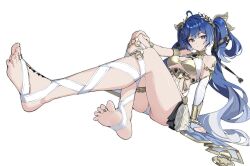 Rule 34 | 1girl, absurdres, barefoot, blue eyes, blue hair, blush, feet, hand on own knee, highres, iuno (wuthering waves), long hair, looking at viewer, soles, tamago (eva1314056), toes, twintails, wuthering waves