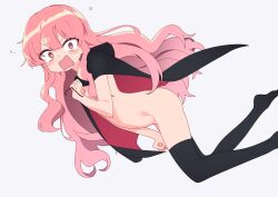 1girl absurdres black_cape black_thighhighs blush cape commentary_request embarrassed grey_background highres korean_commentary long_hair looking_at_viewer louise_francoise_le_blanc_de_la_valliere luke_(dydansgur) navel nude open_mouth pink_eyes pink_hair simple_background solo thighhighs zero_no_tsukaima