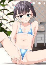 1girl absurdres aqua_eyes bikini black_hair blue_bikini flat_chest hair_bobbles hair_ornament highres indoors looking_at_viewer navel original parted_lips short_hair sitting solo string_bikini swimsuit takafumi twintails variant_set