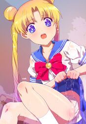 1girl bag bishoujo_senshi_sailor_moon blonde_hair blue_eyes blue_sailor_collar blue_skirt bow brown_bag collarbone double_bun earrings hair_bun highres himehachi_(hime8manga) jewelry long_hair open_mouth panties red_bow sailor_collar school_bag school_uniform serafuku shirt short_sleeves skirt socks solo teeth transformation_brooch_(sailor_moon) tsukino_usagi twintails underwear upper_teeth_only very_long_hair water wet wet_clothes wet_panties wet_shirt wet_skirt white_panties white_shirt white_socks wringing_clothes wringing_skirt