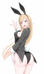 1girl animal_ear_hairband animal_ears ass bare_legs black_eyes black_leotard blonde_hair detached_collar fake_animal_ears from_behind grey_jacket hairband highres jacket kitagawa_marin leotard long_hair looking_at_viewer looking_back osage_gankyou pink_nails playboy_bunny rabbit_ears rabbit_tail red_eyes simple_background solo sono_bisque_doll_wa_koi_wo_suru strapless strapless_leotard suit_jacket tail v waving white_background wrist_cuffs