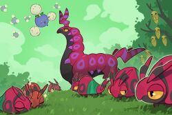 antennae closed_eyes cloud day gen_1_pokemon gen_2_pokemon gen_5_pokemon grass green_sky highres jumpluff kakuna nintendo no_humans outdoors pokemon pokemon_(creature) scolipede sky squeegool tree venipede yellow_eyes