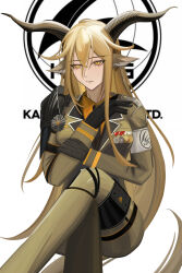 1girl absurdres animal_ears arknights armband black_gloves blonde_hair brown_horns clothes_writing commentary degenbrecher_(arknights) feet_out_of_frame gloves grey_armband hair_between_eyes hand_on_own_arm highres horns invisible_chair kjerag_logo lapels long_bangs long_hair long_sleeves looking_at_viewer medal sitting solo very_long_hair white_background xuetu_(user_tfgn7453) yellow_eyes