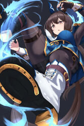 1girl absurdres admire_vega_(umamusume) animal_ears asymmetrical_legwear black_background black_gloves black_pantyhose black_shorts boots breasts butter_curry fingerless_gloves gloves highres horse_ears horse_girl horse_tail looking_down low_ponytail pantyhose ponytail shorts tail thighs umamusume