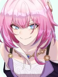 1girl absurdres blue_eyes chinese_commentary coat commentary_request cyrene_(honkai:_star_rail) dress hair_ornament highres honkai:_star_rail honkai_(series) indoors jewelry looking_at_viewer medium_hair momoyuecaiyueaihua multicolored_hair necklace pink_hair pink_pupils purple_coat smile solo two-tone_hair upper_body white_background white_dress white_hair