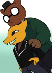 2boys angus_delaney animal_ears bear_boy bear_ears black_jacket black_pants brown_fur closed_mouth fox_boy fox_ears furry furry_male green_sweater gregg_lee hand_on_another&#039;s_shoulder hands_on_own_hips hat jacket looking_to_the_side male_focus mimizuku_kemo multiple_boys night_in_the_woods open_mouth orange_fur pants round_eyewear smile sweater top_hat