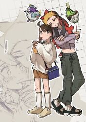 2girls alternate_costume alternate_hairstyle bangs_pinned_back black_hair black_shoes blue_bag braid brown_eyes brown_hair brown_shorts bubble_tea carmine_(pokemon) chikiso crop_top eyelashes full_body gen_8_pokemon grey_background grey_pants hairband highres juliana_(pokemon) long_hair long_sleeves looking_at_another midriff mole mole_under_eye multicolored_hair multiple_girls nintendo pants poke_ball pokemon pokemon_(creature) pokemon_sv polteageist purple_shirt red_hair shirt shoes shorts simple_background sinistcha smile socks standing two-tone_hair white_shirt white_socks yellow_eyes yellow_hairband yellow_shoes
