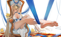 Rule 34 | 1girl, absurdly long hair, absurdres, arms up, azur lane, barefoot, blonde hair, blue choker, blue ribbon, bound, bound wrists, breasts, center opening, chinese commentary, choker, cleavage, closed mouth, collarbone, commentary request, dress, formidable (anniversary memories) (azur lane), formidable (azur lane), full body, halter dress, halterneck, high heels, highres, holding another&#039;s hair, huge breasts, long hair, looking at viewer, manjuu (azur lane), official alternate costume, red eyes, ribbon, shoes, sideless dress, sitting, sleeveless, sleeveless dress, solo, strappy heels, user ymdh7773, very long hair, white dress, white shoes