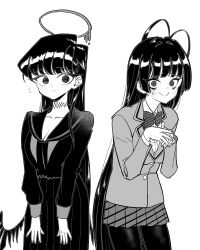2girls antenna_hair blazer blue_archive bow bowtie breasts cleavage closed_mouth collarbone cosplay costume_switch diagonal-striped_clothes diagonal-striped_skirt flying_sweatdrops greyscale halo highres itan_private_high_school_uniform jacket komi-san_wa_komyushou_desu komi_shouko komi_shouko_(cosplay) large_breasts leng_wa_guo long_hair long_sleeves looking_at_viewer low_wings monochrome multiple_girls pantyhose pleated_skirt school_uniform skirt striped_clothes striped_skirt sweatdrop tsurugi_(blue_archive) tsurugi_(blue_archive)_(cosplay) very_long_hair wings