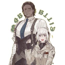 1boy 1girl :d allie_aan_baelsar au_ra bandaged_arm bandaged_hand bandages beard_stubble black_gloves black_hair blue_necktie collared_shirt dark-skinned_male dark_skin dragon_horns facial_hair final_fantasy final_fantasy_xiv fingerless_gloves gaius_van_baelsar garlean gloves hand_on_another&#039;s_shoulder hand_up height_difference highres horns jacket looking_at_viewer necktie open_mouth purple_eyes scales shirt short_hair simple_background smile stubble third_eye vrainal white_background white_hair white_jacket white_shirt yellow_eyes