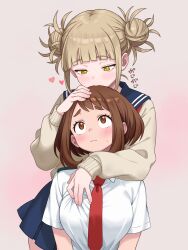 2girls blue_sailor_collar blunt_bangs blurry blurry_background blush boku_no_hero_academia brown_eyes brown_hair brown_serafuku check_translation closed_mouth dot_nose double_bun hair_bun hand_on_another&#039;s_chest heart highres long_sleeves looking_down looking_up multiple_girls nattocurryumeee parted_bangs sailor_collar school_uniform serafuku shirt short_hair sidelocks simple_background sweat thick_eyebrows toga_himiko translation_request uraraka_ochaco white_shirt yellow_eyes yuri