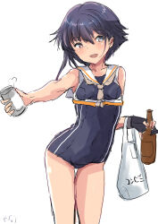 Rule 34 | 1girl, asymmetrical hair, beer bottle, black gloves, black hair, black one-piece swimsuit, breast cutout, brown eyes, brown neckerchief, can, crop top, drink can, framed breasts, fuji (pixiv24804665), gloves, highres, i-14 (kancolle), kantai collection, neckerchief, one-piece swimsuit, partially fingerless gloves, school swimsuit, shirt, short hair, simple background, single glove, sleeveless, sleeveless shirt, solo, standing, swimsuit, swimsuit under clothes, thigh gap, white background
