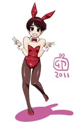 1boy animal_ears bare_shoulders bow bowtie brown_hair clenched_teeth crossdressing double_v earrings fake_animal_ears full_body high_heels jewelry leotard lipstick makeup male_focus nail_polish nylons pantyhose playboy_bunny rabbit_ears shoes short_hair simple_background smile solo teeth trap v wrist_cuffs