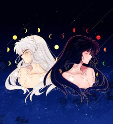 Rule 34 | 2boys, bare shoulders, black hair, closed eyes, collarbone, commentary, highres, humanization, inuyasha, inuyasha (character), long hair, looking to the side, moon phases, moonlichi, multiple boys, night, profile, sky, star (sky), starry sky, symbol-only commentary, upper body, white hair