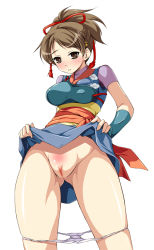 1girl arika blush bow brown_eyes brown_hair capcom censored clothes_lift female_focus hair_bow nanase_(arika) niko niko_(azurite) pussy skirt skirt_lift solo street_fighter street_fighter_ex_(series) upskirt