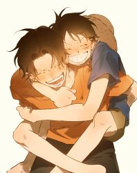 2boys ^_^ black_hair blue_shirt blush brothers carrying closed_eyes gohan_ooo hat male_focus monkey_d._luffy multiple_boys one_piece orange_shirt piggyback portgas_d._ace shirt short_hair shorts siblings simple_background smile straw_hat t-shirt white_background