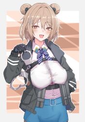1girl ammunition_pouch belt belt_buckle black_gloves blue_belt blue_skirt blush breasts brown_background brown_hair buckle collared_shirt commentary_request cosplay cuffs double_bun dress_shirt girls&#039;_frontline gloves hair_bun hair_ornament handcuffs highres holding holding_handcuffs inofuchi inset_border looking_at_viewer medium_hair open_mouth p90_(girls&#039;_frontline) pouch red_eyes shirt simple_background skirt smile snowflake_hair_ornament solo teeth upper_teeth_only vsk-94_(girls&#039;_frontline) vsk-94_(girls&#039;_frontline)_(cosplay) white_background white_shirt
