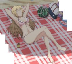 1girl anime_screenshot barefoot beach beach_towel blonde_hair closed_eyes closed_mouth dot_nose feet female_focus food fruit highres legs long_hair lotion lying minami-ke minami_haruka navel no_shoes no_socks outdoors solo stitched sunscreen thighs third-party_edit towel watermelon