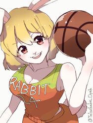 1girl ball basketball_(object) basketball_uniform blonde_hair carrot_(one_piece) commentary holding holding_ball looking_at_viewer one_piece rabbit_girl short_hair simple_background smile sportswear telushake_opnk twitter_username upper_body white_background