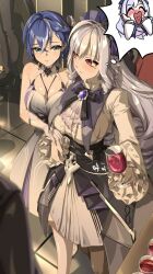 2girls ^_^ alcohol alternate_costume ascot bare_shoulders belle_(zenless_zone_zero) blue_hair blush bow bowtie breast_curtains breasts cleavage closed_eyes collarbone commentary cup dress drinking_glass english_commentary fingerless_gloves gem gloves green_eyes hair_between_eyes heart heart-shaped_mouth heart_in_mouth highres holding holding_cup holding_hands large_breasts long_hair long_sleeves looking_at_another medium_hair mole mole_under_eye multiple_girls nail_polish parted_lips purple_ascot purple_bow purple_bowtie purple_eyes purple_gemstone purple_hair purple_nails red_eyes sideboob speech_bubble standing thought_bubble very_long_hair vivian_(zenless_zone_zero) white_dress wine wine_glass yan_(unicorn404) zenless_zone_zero