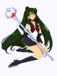 1girl bare_shoulders bishoujo_senshi_sailor_moon boots dark-skinned_female dark_skin earrings gloves green_hair jewelry lips long_hair looking_at_viewer magical_girl meiou_setsuna miniskirt sailor_pluto skirt sleeveless stone_umbrella very_long_hair