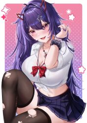 1girl ahoge akuma_nihmune akuma_nihmune_(1st_costume) black_nails black_scrunchie black_skirt bow bowtie breasts buttons cotton_noir facial_mark fake_horns hair_ornament heart heart_facial_mark heart_in_eye highres horns indie_virtual_youtuber jewelry large_breasts long_hair midriff mole mole_under_eye navel necklace open_mouth pleated_skirt purple_hair red_bow red_bowtie red_horns scrunchie shirt skirt solo star_(symbol) star_hair_ornament symbol_in_eye thighhighs virtual_youtuber white_shirt