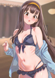 1girl bare_shoulders bikini black_bikini black_hair blue_jacket blurry blurry_background breasts brown_eyes commentary_request front-tie_bikini_top front-tie_top hairband highres indoors jacket kousan long_hair looking_at_viewer make_heroine_ga_oo_sugiru! navel nukumizu_kaju off_shoulder open_clothes open_jacket open_mouth small_breasts solo swimsuit