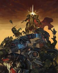 6+boys adeptus_astartes aquila_(symbol) armor armored_boots axe bald ball_and_chain_(weapon) boots breastplate brown_hair bullet cape chain clawed_gauntlets colored_skin commentary cosplay decapitation emperor&#039;s_sword emperor_of_mankind emperor_of_mankind_(cosplay) english_commentary full_armor gauntlets gem glowing glowing_eyes glowing_sword glowing_weapon greaves green_skin grey_armor halo helm helmet highres holding holding_sword holding_weapon imperial_aquila laurel_crown laurels long_hair martinorona multiple_boys orc ork_(warhammer) ornate ornate_armor pauldrons power_armor power_claw power_suit purity_seal red_cape red_eyes red_gemstone shoulder_armor skull_ornament spiked spiked_pauldrons sword warhammer_40k wax_seal weapon yellow_eyes