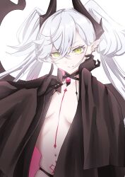 1girl absurdres beatrix_vivi body_markings breasts demon_girl demon_horns earrings fate/grand_order fate_(series) green_eyes grey_hair highres horns jewelry large_breasts long_hair looking_at_viewer navel ordeal_call_servant_(female) pointy_ears pubic_tattoo smile solo tattoo twintails