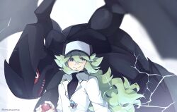 1boy artist_name behind_another black_hat black_shirt blurry blurry_background cape colored_sclera double-parted_bangs dress_shirt facing_to_the_side gen_5_pokemon green_hair grey_eyes hat highres holding holding_poke_ball jewelry legendary_pokemon lightning long_bangs long_hair looking_to_the_side male_focus n_(pokemon) necklace nintendo nuumigranate open_mouth outdoors partially_unbuttoned poke_ball pokemon pokemon_(creature) pokemon_bw red_sclera shirt shirt_under_shirt smile sparks spread_wings turning_head unbuttoned unbuttoned_shirt white_background white_eyes white_shirt wind zekrom