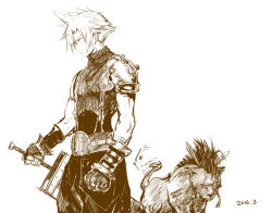 1boy animal armor baggy_pants belt buster_sword cloud_strife feathers fiery_tail final_fantasy final_fantasy_vii final_fantasy_vii_remake fur gloves holding holding_weapon monochrome pants red_xiii sam_ashton shoulder_armor spiked_hair square_enix suspenders tail tattoo turtleneck weapon