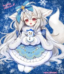 1girl ahoge animal_ear_fluff animal_ears argyle_clothes argyle_pantyhose back_bow bell bib blue_background blue_bow blue_dress bow bowtie capelet collar commission dress ears_down fox_ears fox_girl fox_tail frilled_collar frilled_dress frills from_above full_body fur-trimmed_capelet fur-trimmed_dress fur-trimmed_gloves fur_trim gloves grey_hair hair_between_eyes hair_bow hair_ornament hair_scrunchie high_collar highres knees_together_feet_apart large_bow large_ears large_tail layered_dress legs_together long_hair long_sleeves looking_at_viewer open_mouth original pantyhose print_dress puffy_sleeves rabio_(labi555) red_eyes sakurada_shiro_(hy_plus) sakurada_shiro_(winter)_(hy_plus) scrunchie signature sitting skeb_commission smile snowflake_print snowflakes snowman solo star_ornament striped_clothes striped_dress tail thank_you vertical-striped_sleeves very_long_hair wariza white_capelet white_footwear white_gloves white_hair white_pantyhose white_sleeves winter_clothes