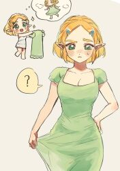 1girl ? blonde_hair blush braid breasts chibi chibi_inset cleavage cocked_eyebrow cowboy_shot crown_braid didi_en_ilu dress frown green_dress green_eyes hair_ornament hairclip highres image_in_thought_bubble medium_breasts nintendo open_mouth parted_bangs princess_zelda short_hair short_sleeves sidelocks smile sparkle spoken_question_mark sweatdrop the_legend_of_zelda the_legend_of_zelda:_tears_of_the_kingdom thick_eyebrows tight_clothes tight_dress white_dress