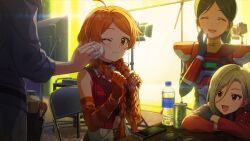 belt bottle can cellphone chair closed_eyes film_set fingerless_gloves game_cg glasses gloves grey_hair idolmaster idolmaster_million_live! idolmaster_million_live!_theater_days low_twin_braids navel official_art ogami_tamaki one_eye_closed open_mouth orange_eyes orange_hair phone smartphone table twin_braids