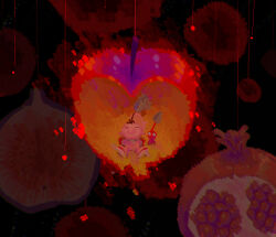 1boy apple bad_tag big_nose black_background black_eyes brown_hair closed_eyes colored_skin crying food fruit fruit_background gloves highres leaf male_focus nintendo no_mouth olimar olimin on_grass parted_lips pikmin_(creature) pikmin_(series) pointy_ears pointy_nose pomegranate red_gloves red_pikmin red_skin sad short_hair sitting spacesuit symbolism teardrop very_short_hair yu_pikmin