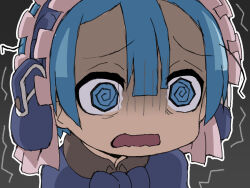 Rule 34 | 1boy, @ @, blue capelet, blue hair, blue necktie, capelet, close-up, grey background, highres, made in abyss, maid, maid headdress, maruruk, necktie, open mouth, outline, scared, shaded face, short hair, simple background, solo, symbol-shaped pupils, trap, trembling, wavy mouth, white outline, ximu shilang